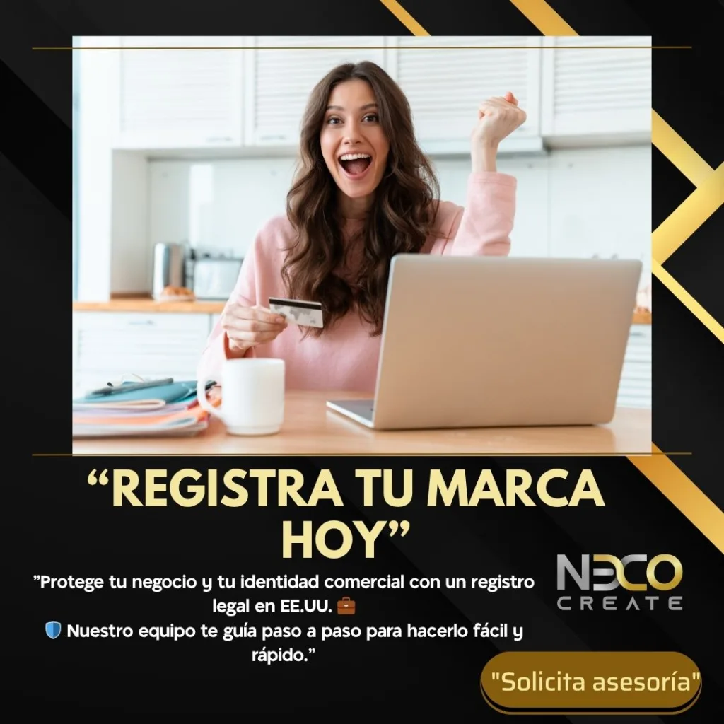 Emprendedora hispana celebrando el registro de marca en Estados Unidos con NexoCreate