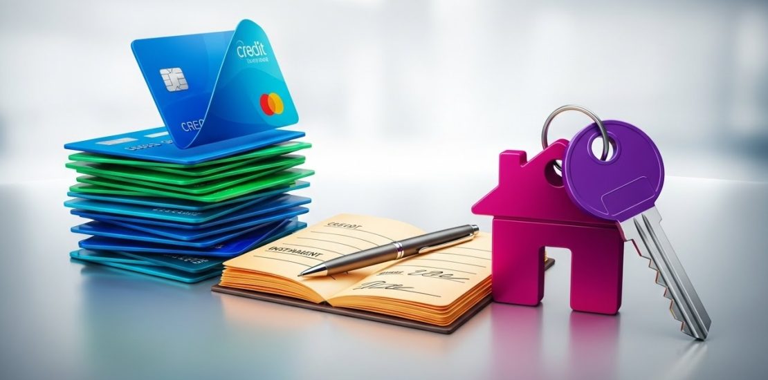 Tarjetas de crédito apiladas, contrato abierto con bolígrafo y llavero de casa con llave, ilustrando tipos de crédito: tarjetas, préstamos e hipotecas (APR/TAE, financiamiento).