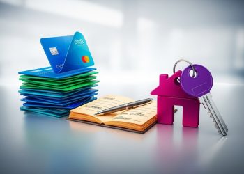 Tarjetas de crédito apiladas, contrato abierto con bolígrafo y llavero de casa con llave, ilustrando tipos de crédito: tarjetas, préstamos e hipotecas (APR/TAE, financiamiento).