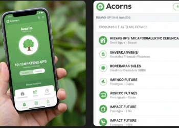 Pantalla de smartphone mostrando la aplicación Acorns con opciones de inversión automática y "round-ups".