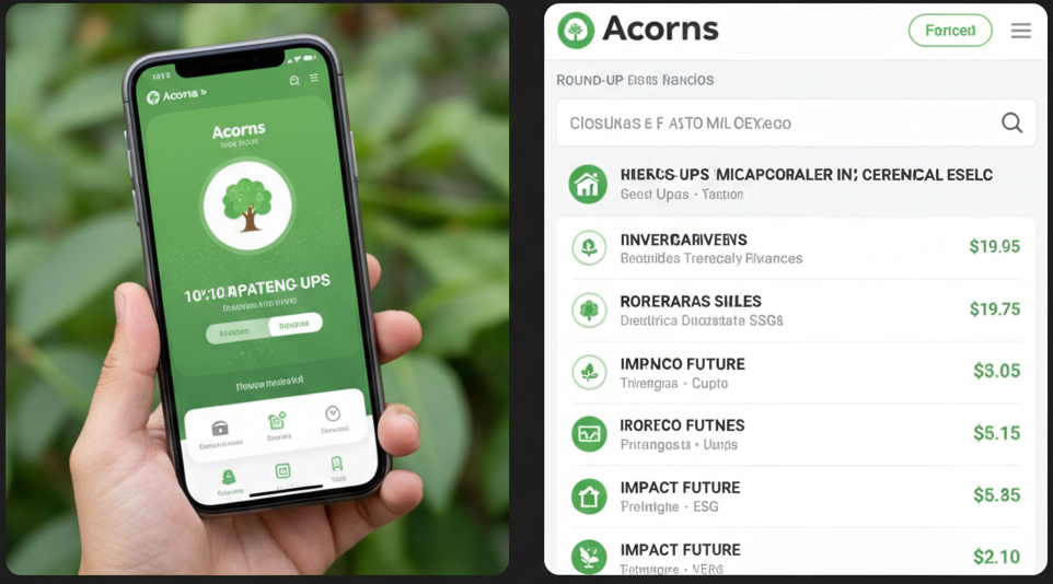 Pantalla de smartphone mostrando la aplicación Acorns con opciones de inversión automática y "round-ups".