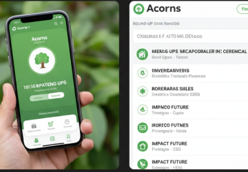 Pantalla de smartphone mostrando la aplicación Acorns con opciones de inversión automática y "round-ups".