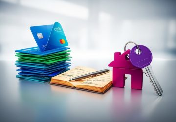 Tarjetas de crédito apiladas, contrato abierto con bolígrafo y llavero de casa con llave, ilustrando tipos de crédito: tarjetas, préstamos e hipotecas (APR/TAE, financiamiento).